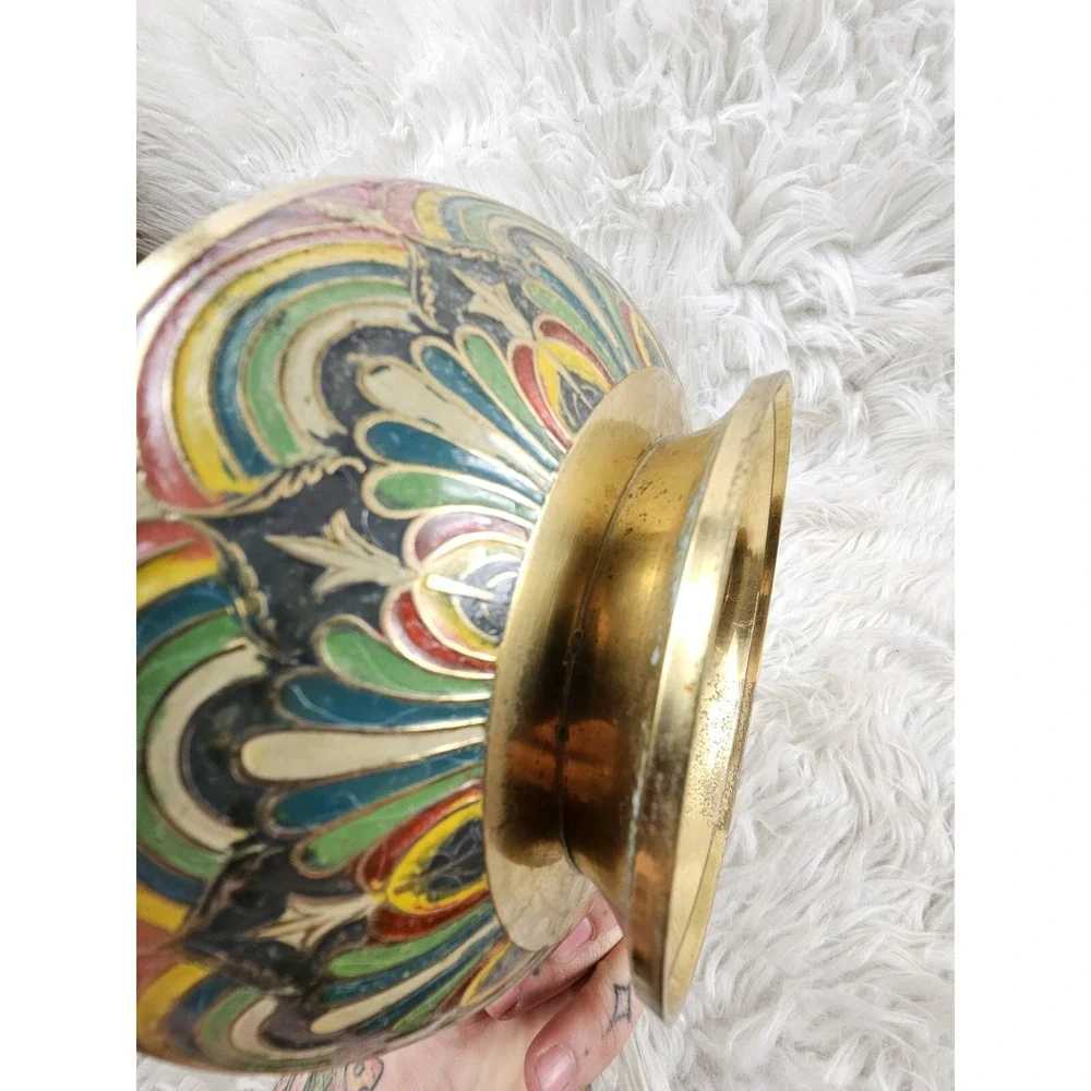 Vintage Beautiful Antique Brass Enamel Bowl with Unicorn - Pedestal Mughal Morad